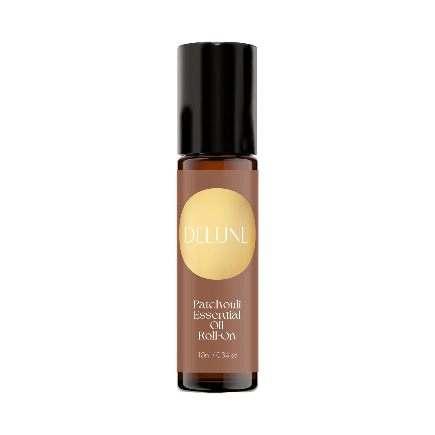 Patchouli Essential Oil Roll-On, 10ml bottle, offers grounding, earthy aroma with fractionated coconut oil for creativity and balance.