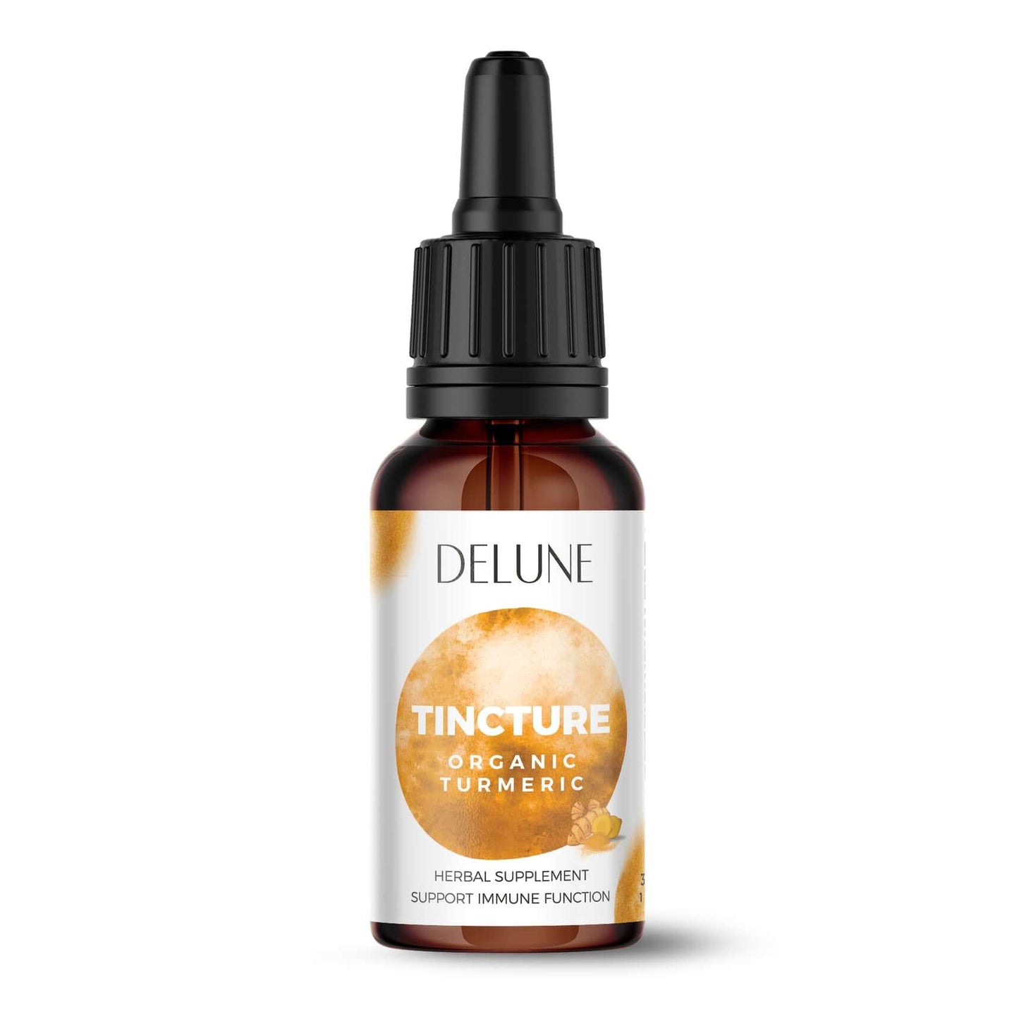 Organic Turmeric Herbal Tincture bottle promoting wellness and vitality with Ayurvedic benefits and spicy aroma.