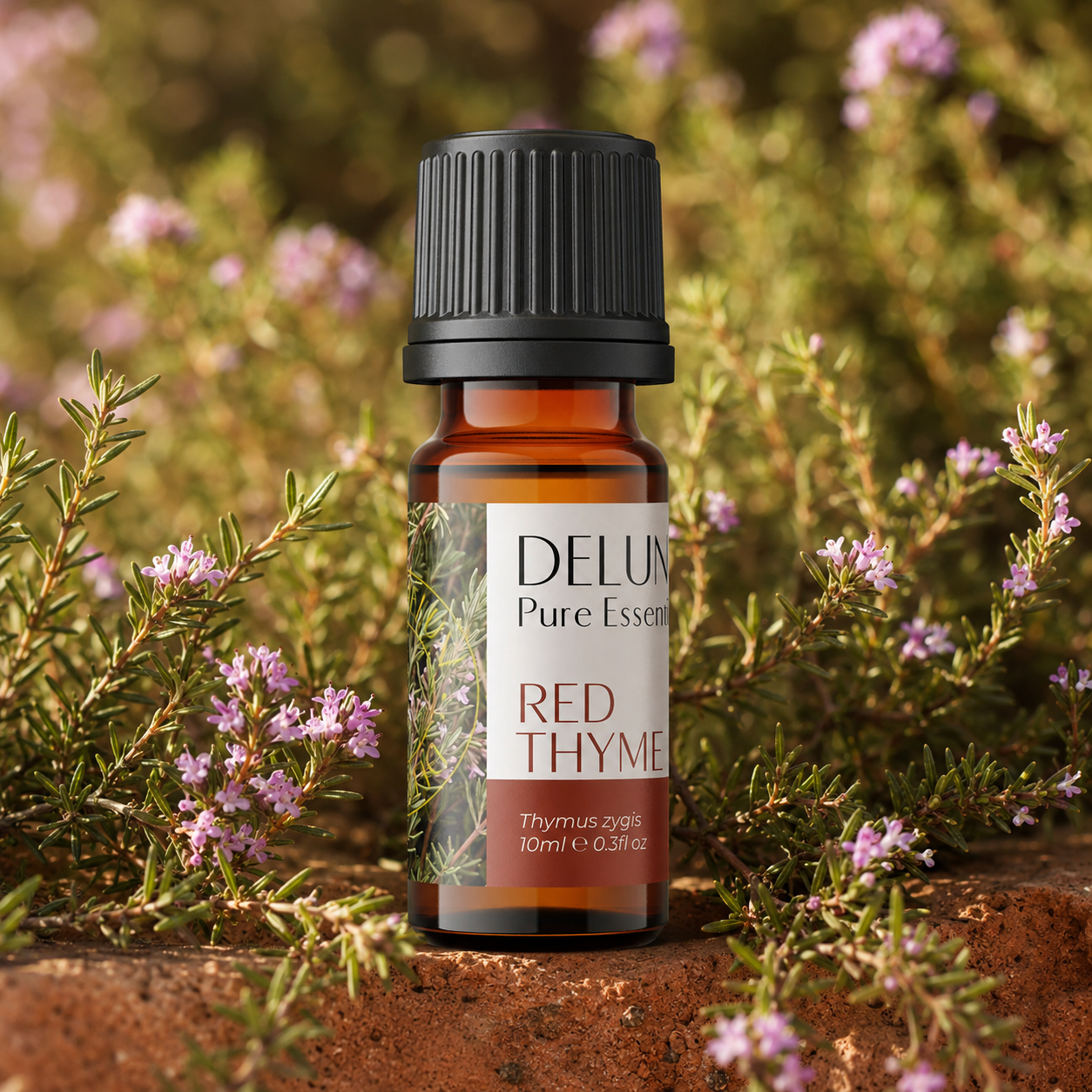 Red Thyme Pure Essential Oil with flowering thyme sprigs