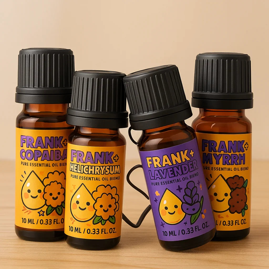 Frank + Myrrh pure essential oil blend bottle with three other essential oils, featuring creative label designs.