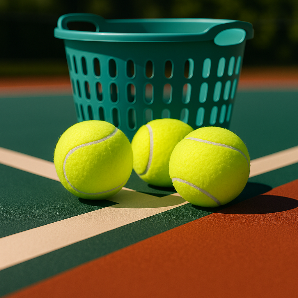 Eco-friendly Tennis Grand Slam Laundry Dryer Balls on a court with laundry basket, perfect for sustainable laundry care.