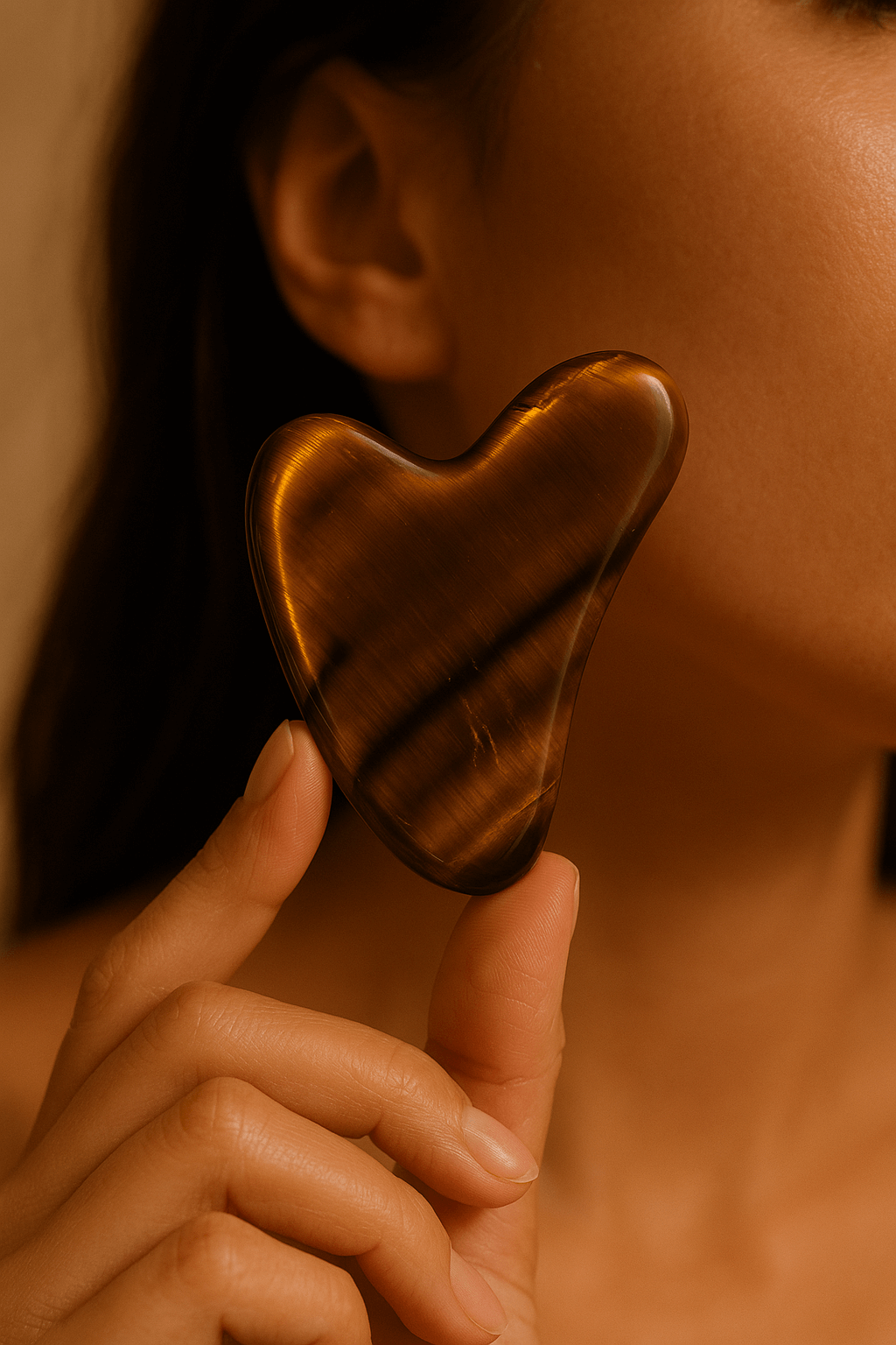 Woman holding Tiger's Eye Gua Sha tool near face, promoting skin vitality and energy boost, featuring gemstone's unique shine.