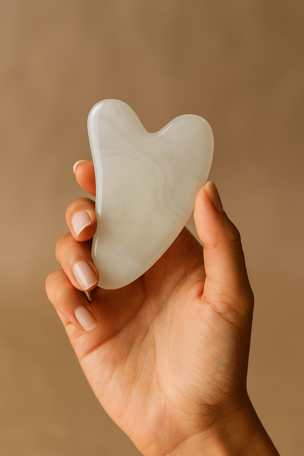 Hand holding a white jade gua sha tool for soothing and calming skin care and lymphatic drainage.