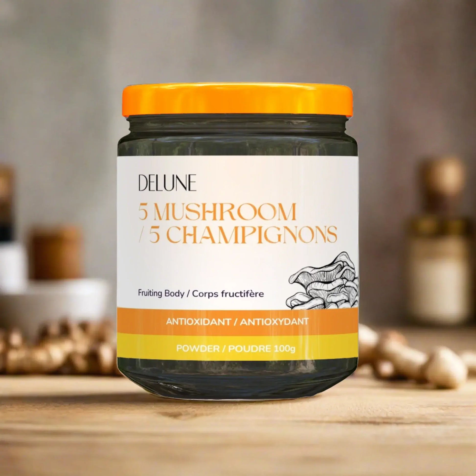 Jar of 5 Mushroom Concentrated Powder enhancing immunity and cognitive clarity, organic and versatile for daily health boost.