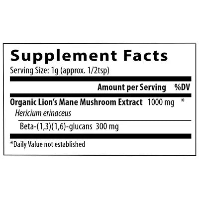 Supplement facts label for organic Lion's Mane Mushroom Extract, 1000 mg per serving, with Beta-glucans 300 mg.