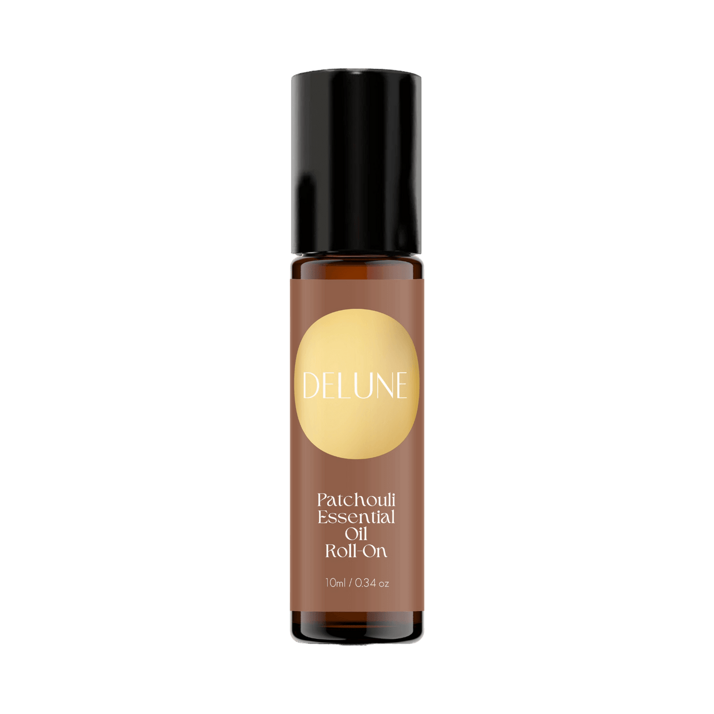 Patchouli Essential Oil Roll-On, 10ml bottle, offers grounding, earthy aroma with fractionated coconut oil for creativity and balance.