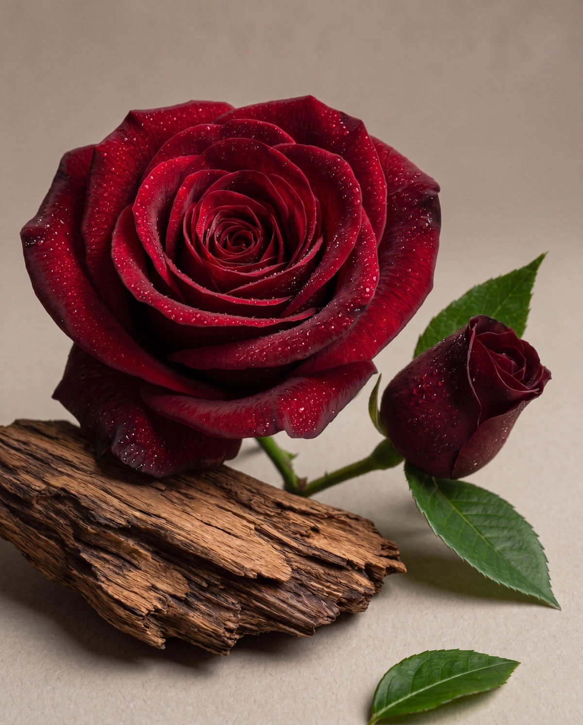 Rose Velvet & Oud scent notes: a velvet red rose and bud resting on oud wood