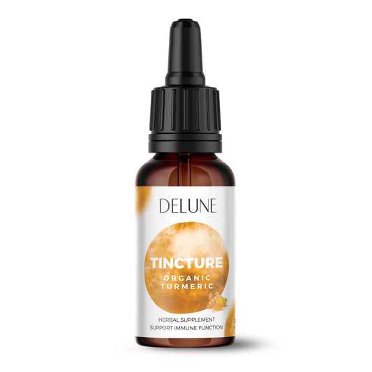 Organic Turmeric Herbal Tincture bottle promoting wellness and vitality with Ayurvedic benefits and spicy aroma.