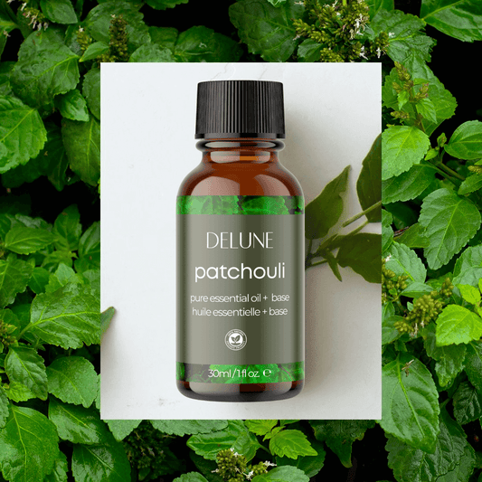 Patchouli Essential Oil bottle with lush green leaves background, showcasing calming woodsy aroma perfect for body and bath relaxation.