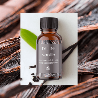 Vanilla essential oil bottle with rich bean background, promoting tranquility and a sweet, calming aroma for body and bath.