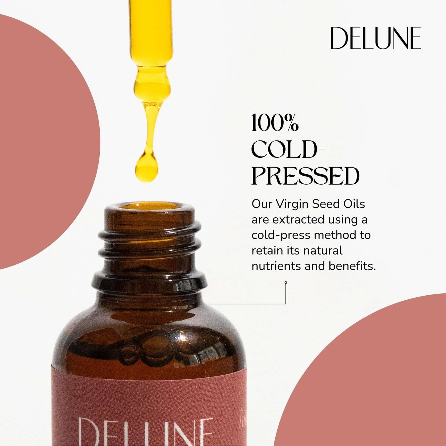 Delune Virgin Rosehip Seed Oil with dropper, cold-pressed for natural hydration and skin resilience.