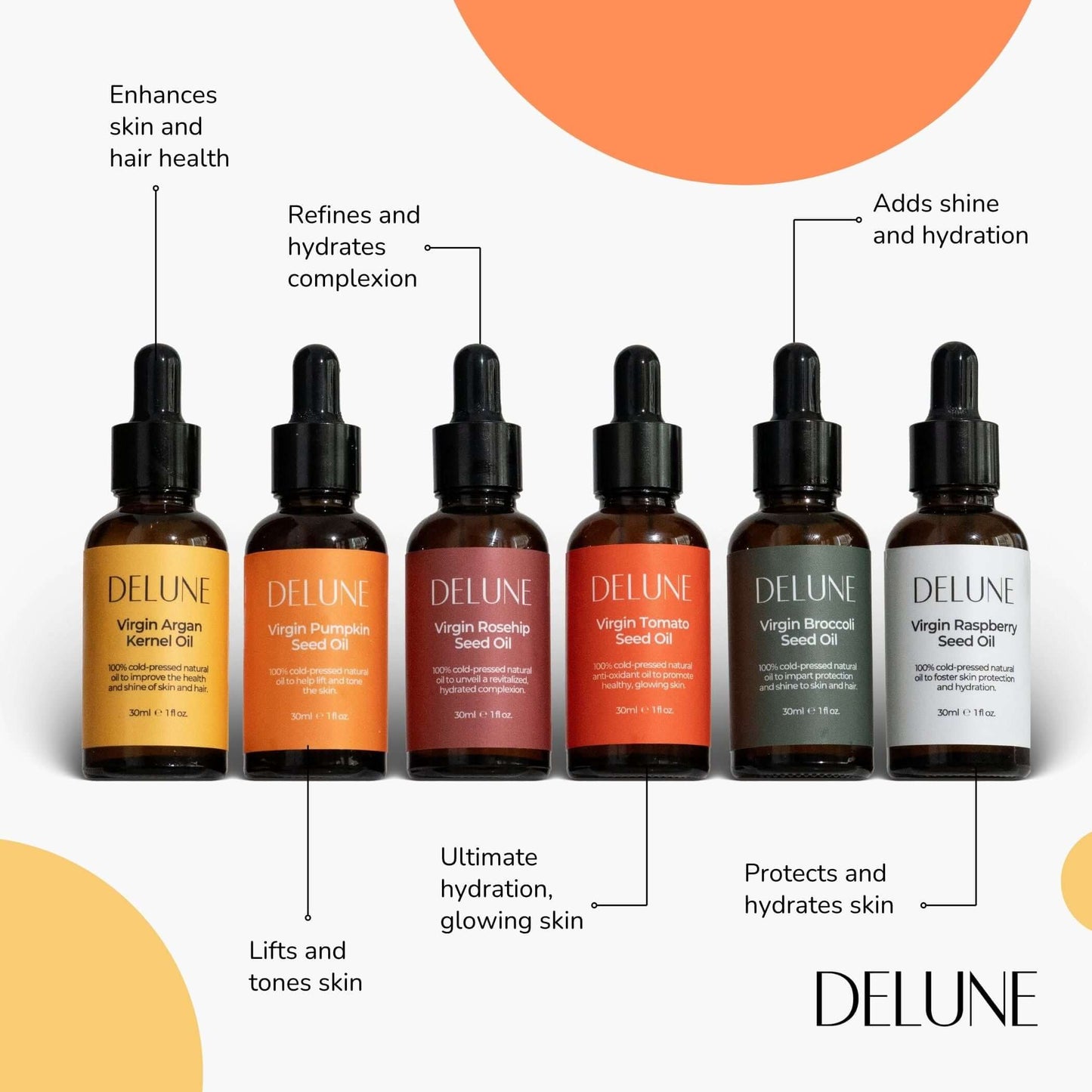 Virgin Rosehip Seed Oil bottle among Delune's natural skincare range, highlighting benefits like refined complexion and hydration.