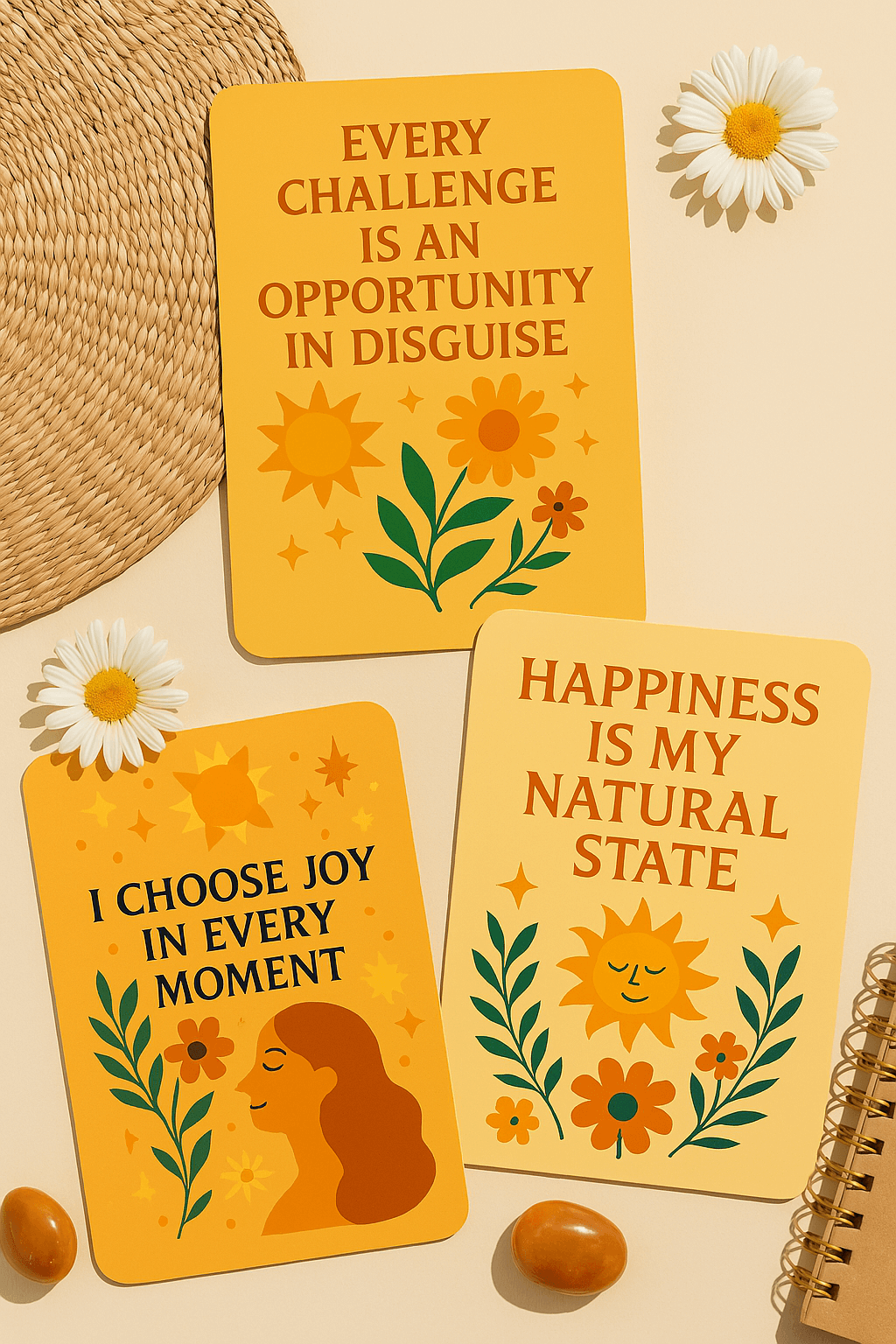 Colorful Aura Affirmation card deck with uplifting quotes, daisies, and positive imagery for setting daily intentions.