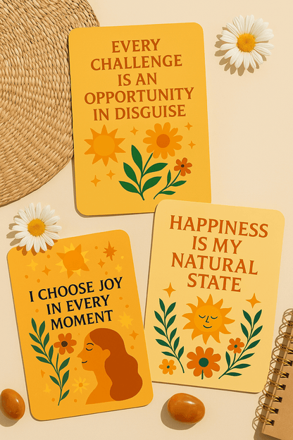 Colorful Aura Affirmation card deck with uplifting quotes, daisies, and positive imagery for setting daily intentions.