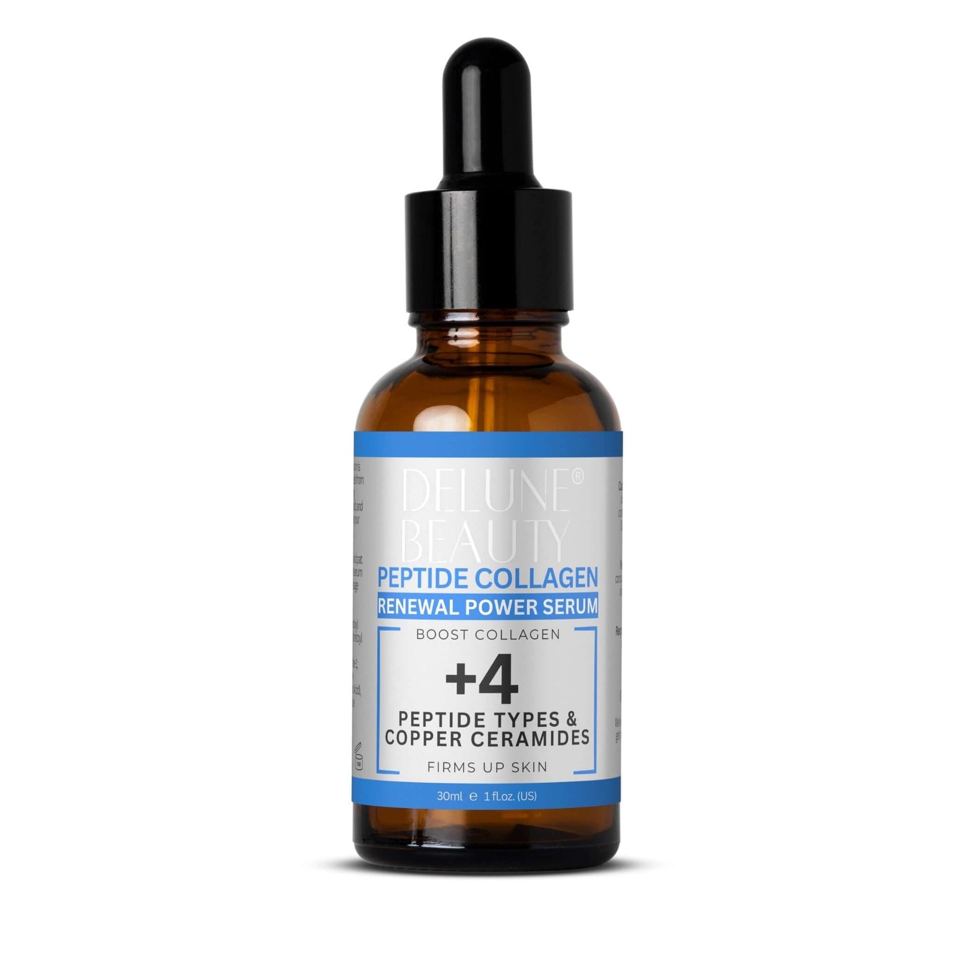 Delune's Copper Ceramides Peptide Renewal Power Serum bottle with label highlighting peptide and collagen benefits for firm skin.