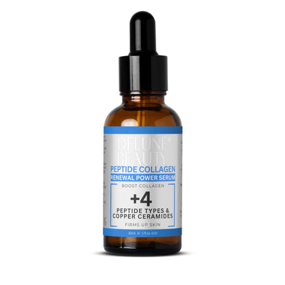 Delune's Copper Ceramides Peptide Renewal Power Serum bottle with label highlighting peptide and collagen benefits for firm skin.