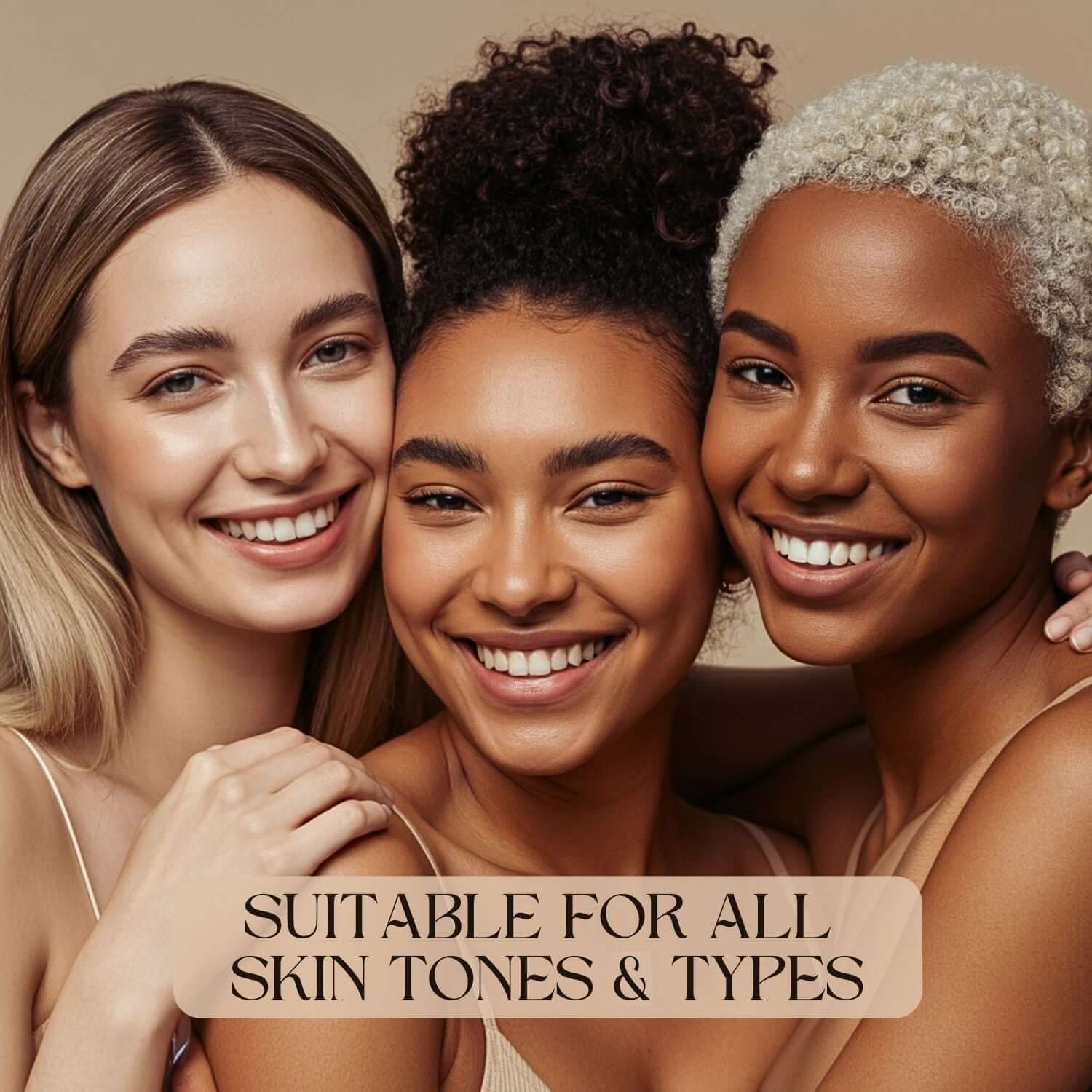 Three women smiling, showcasing diverse skin tones suitable for Delune's Copper Ceramides Peptide Renewal Power Serum.