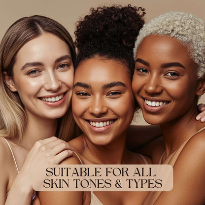 Three women smiling, showcasing diverse skin tones suitable for Delune's Copper Ceramides Peptide Renewal Power Serum.