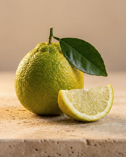 A whole bergamot with its leaf beside a juicy cut wedge on warm travertine — the bright, floral citrus scent of Delune Bergamot Pure Essential Oil