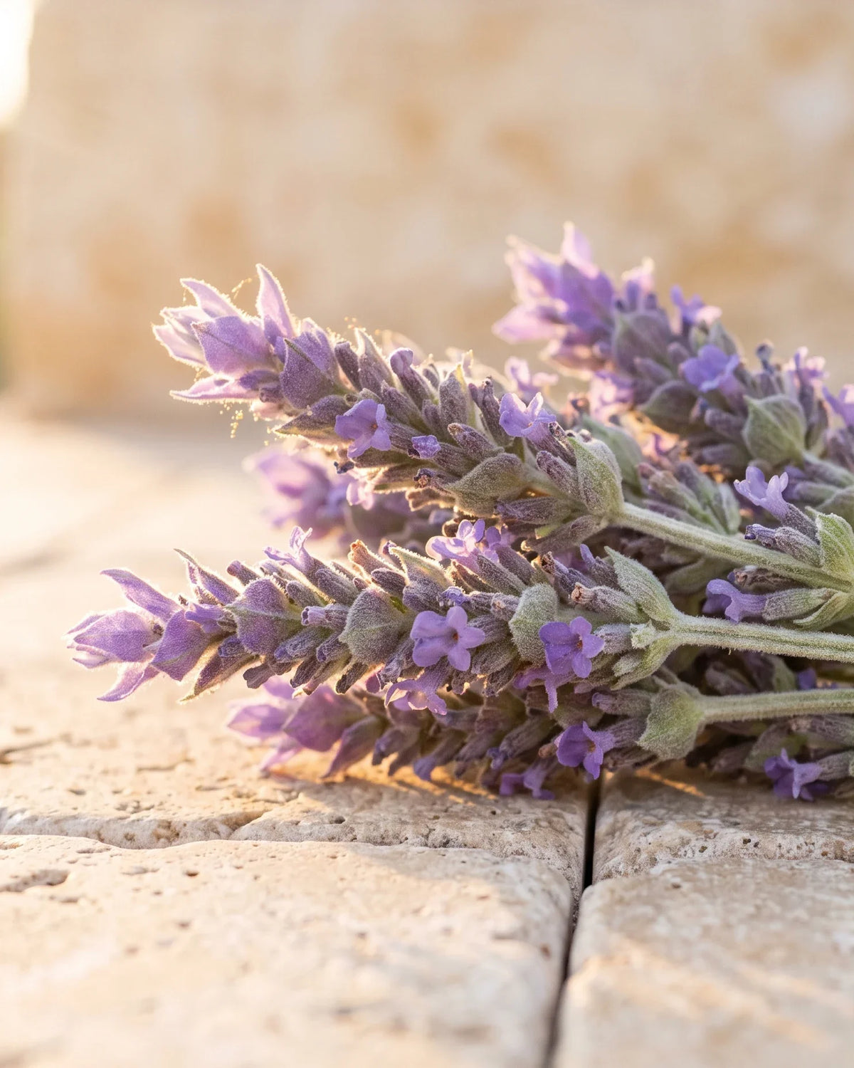 Freshly cut lavender in bloom resting on warm travertine, lit by low golden sunlight — the calming floral scent of Delune Bulgarian Lavender Pure Essential Oil