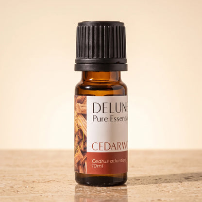Delune Cedarwood Pure Essential Oil, 10ml amber glass bottle on warm travertine stone