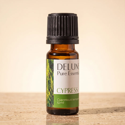 Delune Cypress Pure Essential Oil, 10ml amber glass bottle on warm travertine stone