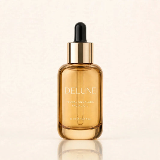 Delune Floral Squalane Facial Oil 15ml in golden glass dropper bottle