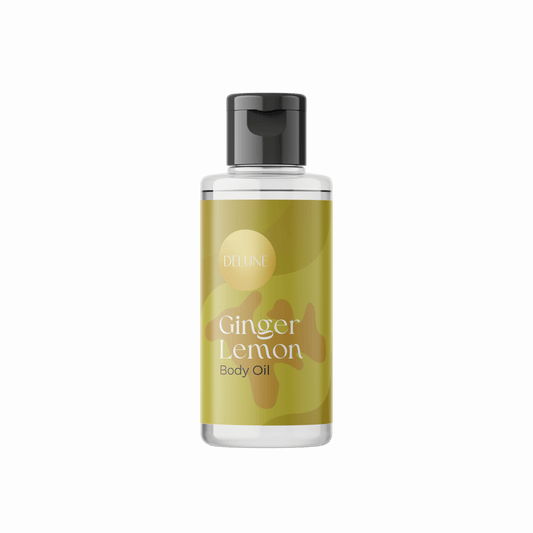 Delune Ginger Lemon Body Oil bottle with invigorating lemon and ginger scent, rejuvenates skin and boosts energy levels.