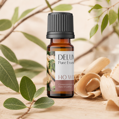 Ho Wood Pure Essential Oil with aromatic wood shavings and green foliage