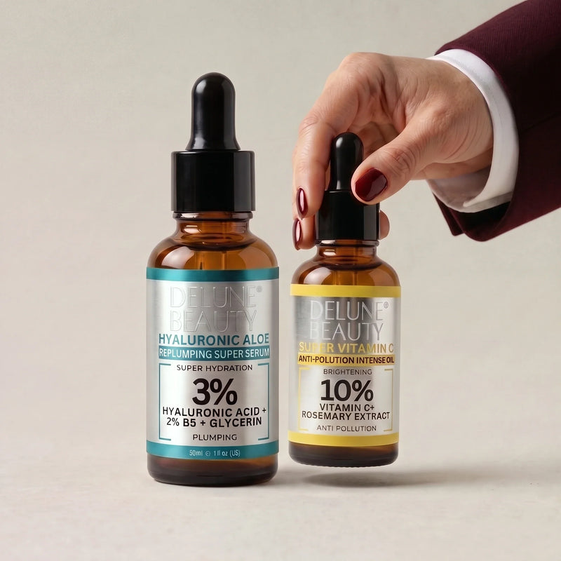 Hand taking Super Vitamin C from the Delune Hyaluronic Acid and Vitamin C Serum Duo