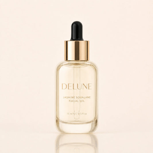 Delune Jasmine Squalane Facial Oil 15ml in pale champagne glass bottle
