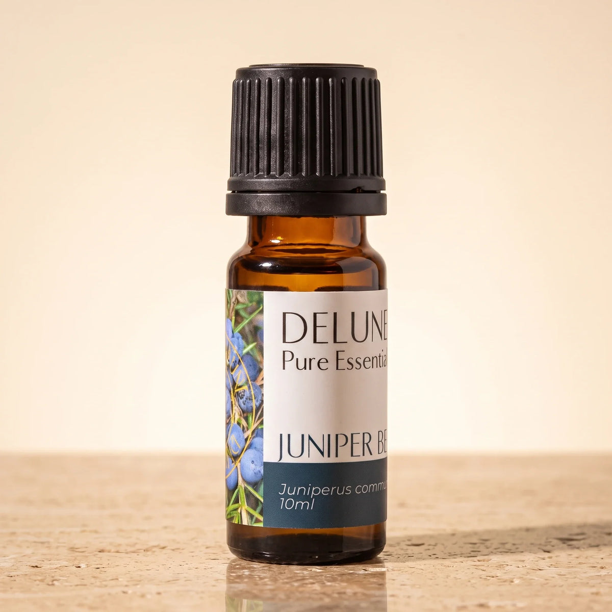 Delune Juniper Berry Pure Essential Oil, 10ml amber glass bottle on warm travertine stone