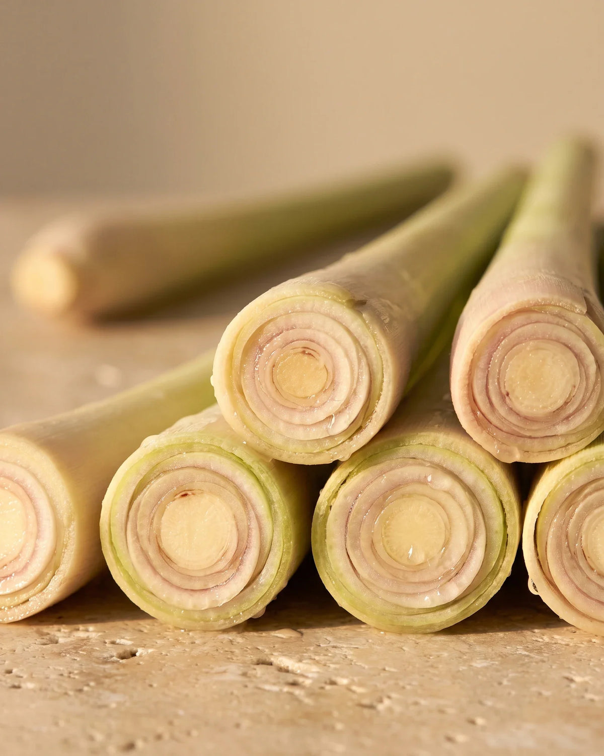 Freshly cut lemongrass stalks showing their pale concentric rings in warm light — the bright citrus scent of Delune Lemongrass Pure Essential Oil