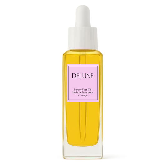 Delune Lavender Absolute Face Oil bottle showcasing luxury skincare product with hydrating and soothing lavender and almond oils.