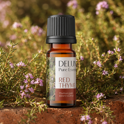 Red Thyme Pure Essential Oil with flowering thyme sprigs