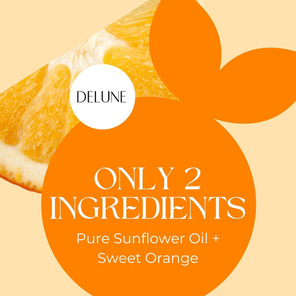 Delune's Sweet Orange Body Oil with pure sunflower oil; uplifting and refreshing skincare.