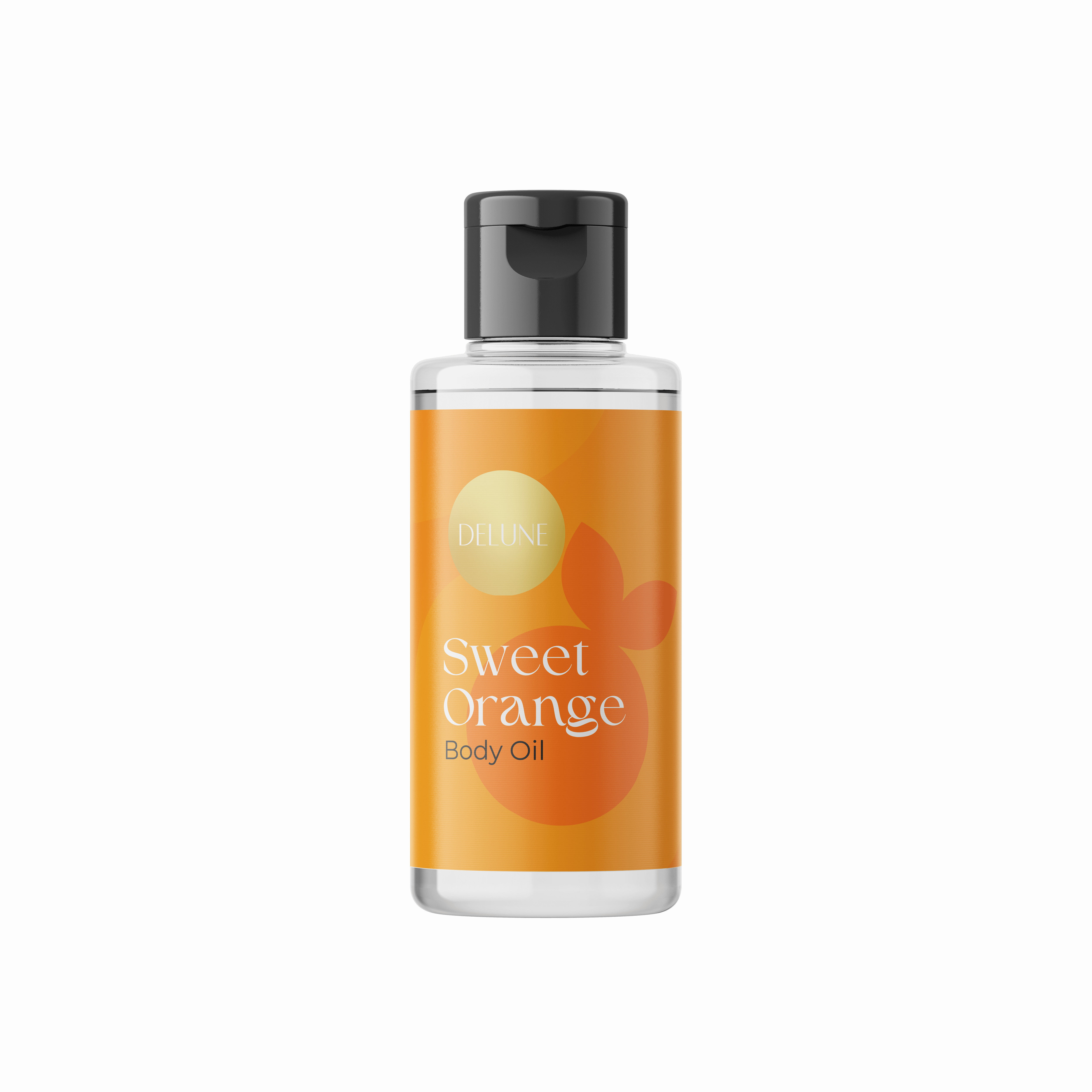 Delune Sweet Orange Body Oil bottle, uplifting and energizing skincare infused with cheerful orange essence.