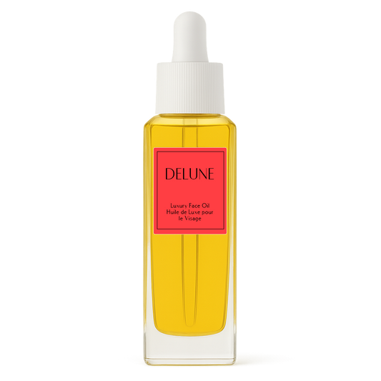 Delune Geranium & Orange Blossom luxury face oil in a glass bottle with dropper, promising soft and silky smooth skin.