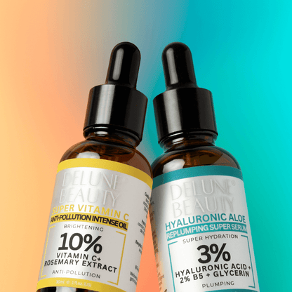 Delune Hyaluronic Acid and Vitamin C Serum Duo for plumper, radiant skin. Hydrating and brightening skincare essentials.