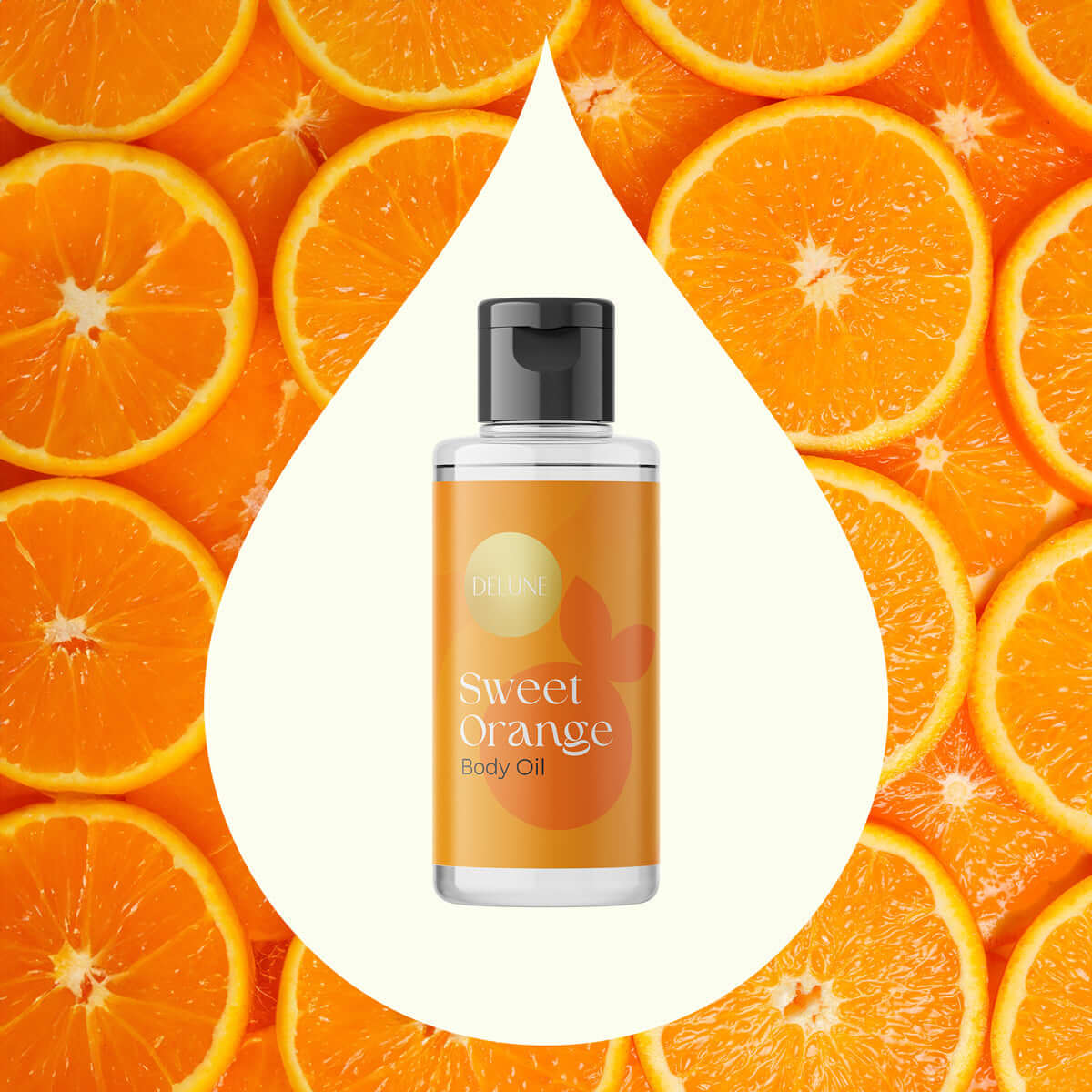 Delune Sweet Orange Body Oil bottle, uplifting and energizing skincare infused with cheerful orange essence.