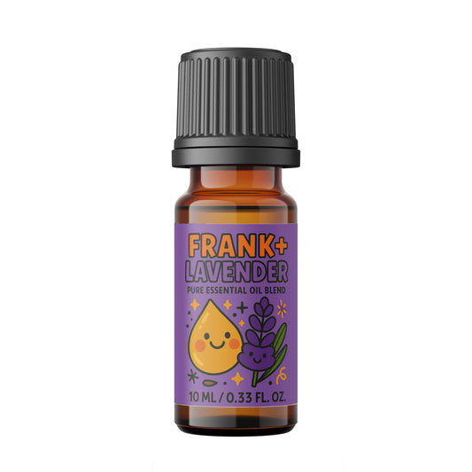Frank + Lavender Essential Oil Blend bottle with soothing lavender and grounding frankincense benefits.
