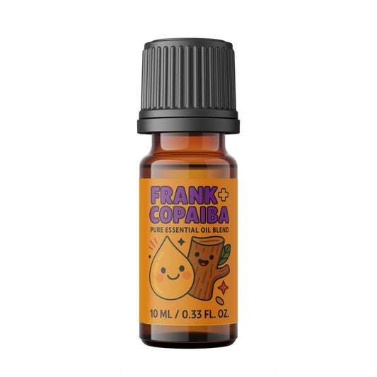 Alt Tag: Frank + Copaiba Essential Oil Blend bottle featuring cute character illustrations.
