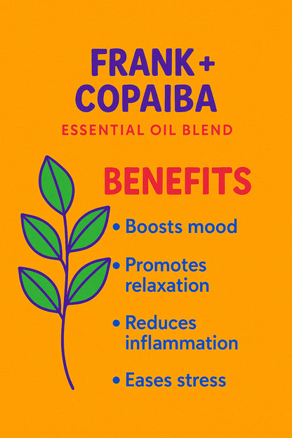 Frank + Copaiba Essential Oil Blend promotes relaxation, reduces inflammation, boosts mood, and eases stress.