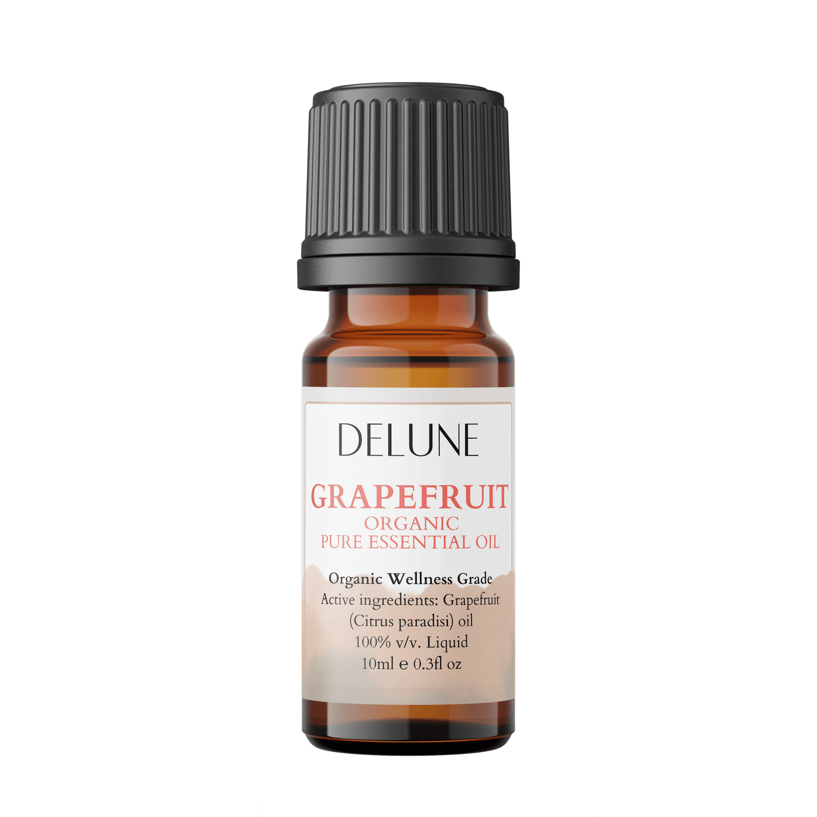 Grapefruit Organic Wellness Grade Essential Oil in amber bottle, 10ml. Refreshing citrus aroma for uplifting mood and vitality.