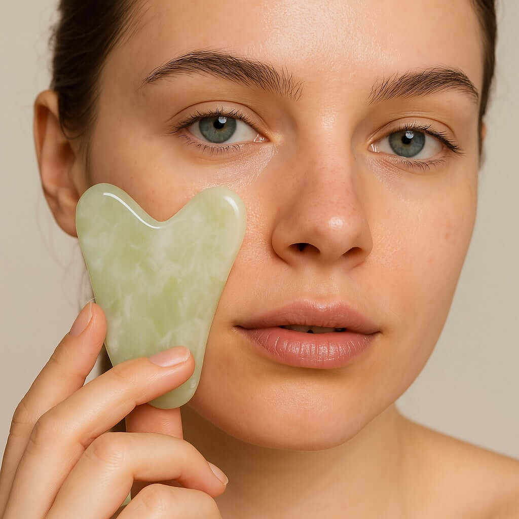 Jade Gua Sha facial tool for anti-aging and detoxifying massage, promoting skin circulation with calming jade properties.