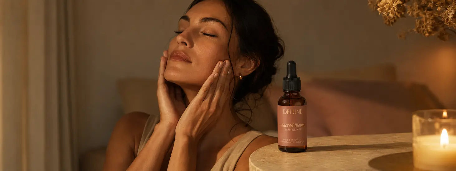 Adult woman pressing Sacred Bloom Skin Elixir into her skin during an evening ritual