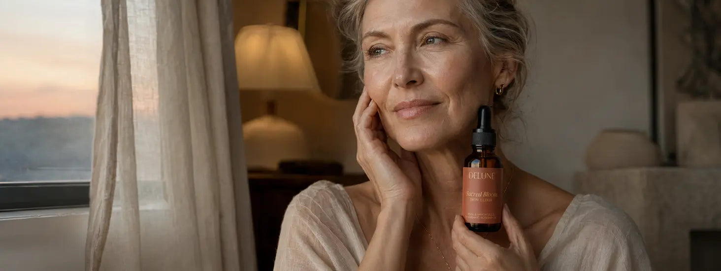 Adult woman with naturally textured mature skin holding Sacred Bloom Skin Elixir at dusk