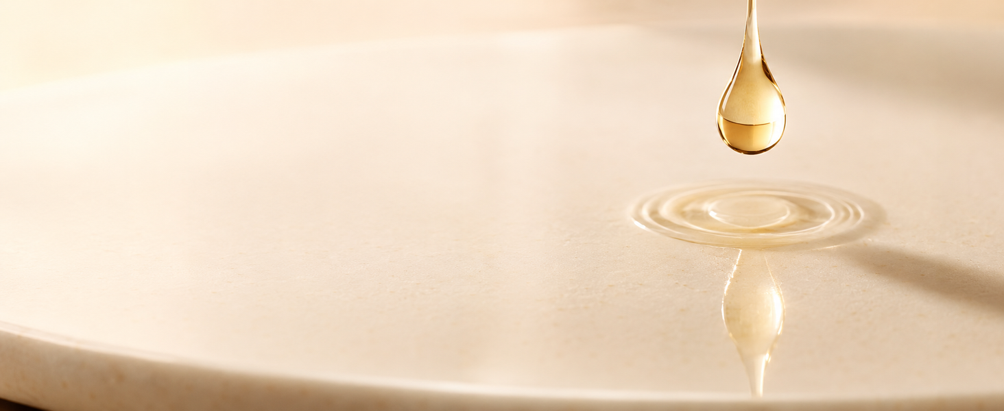 A suspended drop of lightweight facial oil above a pale ceramic surface