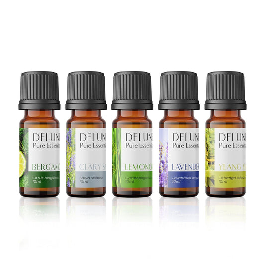 5-pack Stress Relief essential oils set with bergamot, clary sage, lemongrass, lavender, ylang ylang for peace and relaxation.