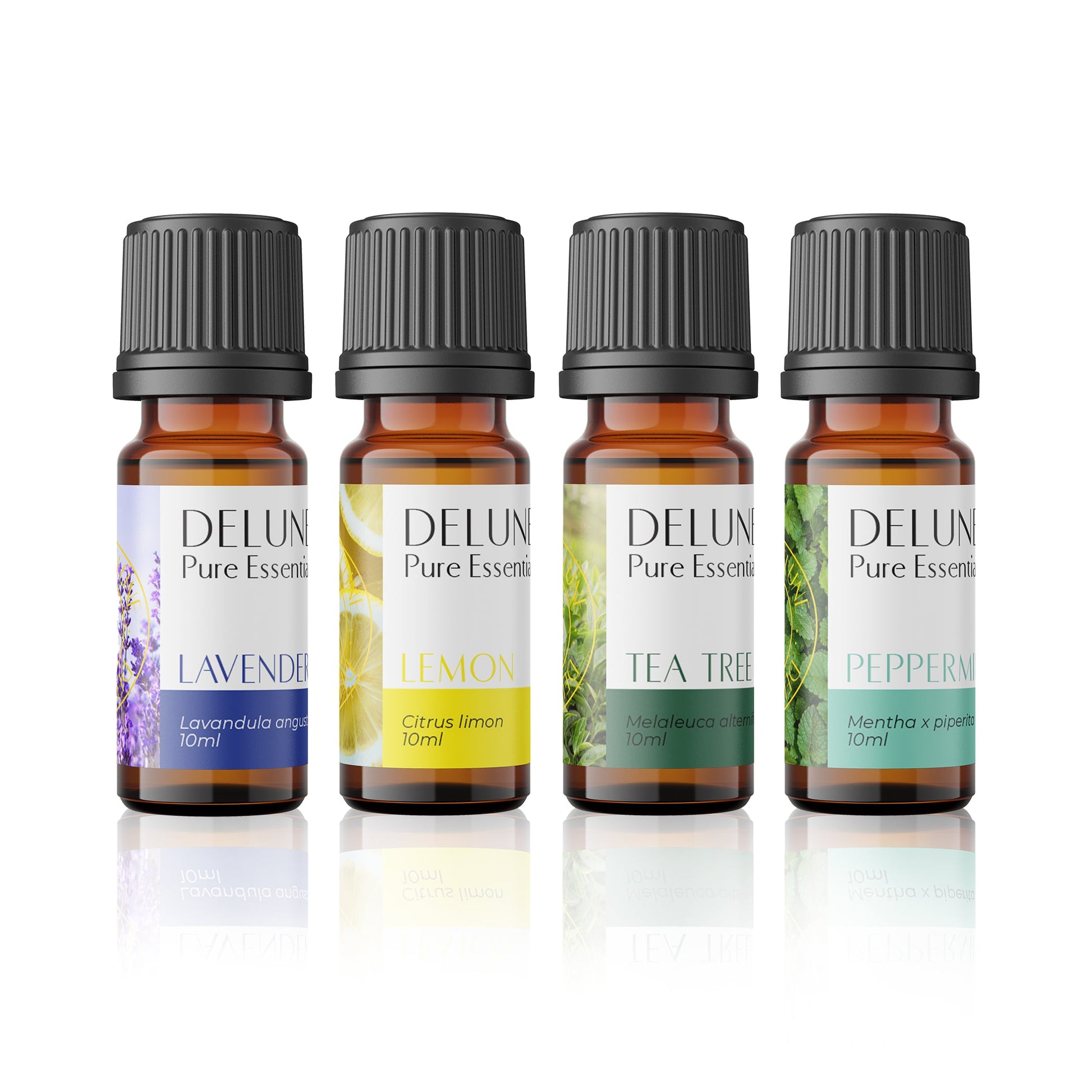 Essential Starters 4 Pack Set of Pure Essential Oils: Lavender, Lemon, Tea Tree, and Peppermint for relaxing, cleaning, aromatherapy.